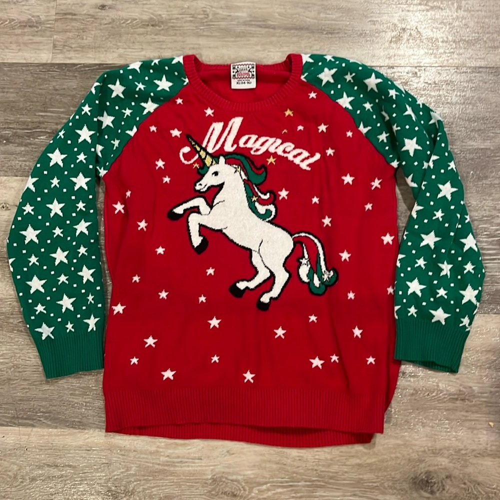 Unicorn Christmas sweater magical kids XL 14-16 adult XS